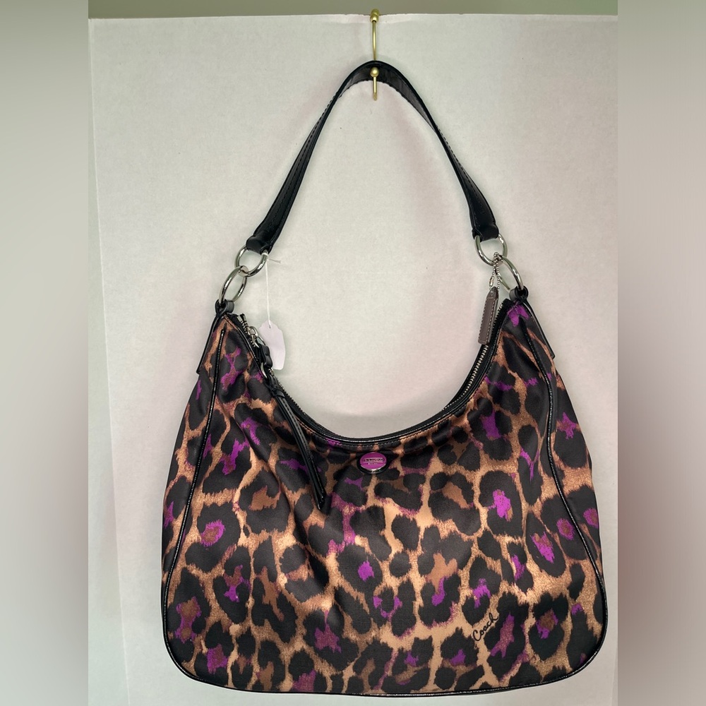 Leopard Coach Print Hobo Bag with Purple Accents gold hardware